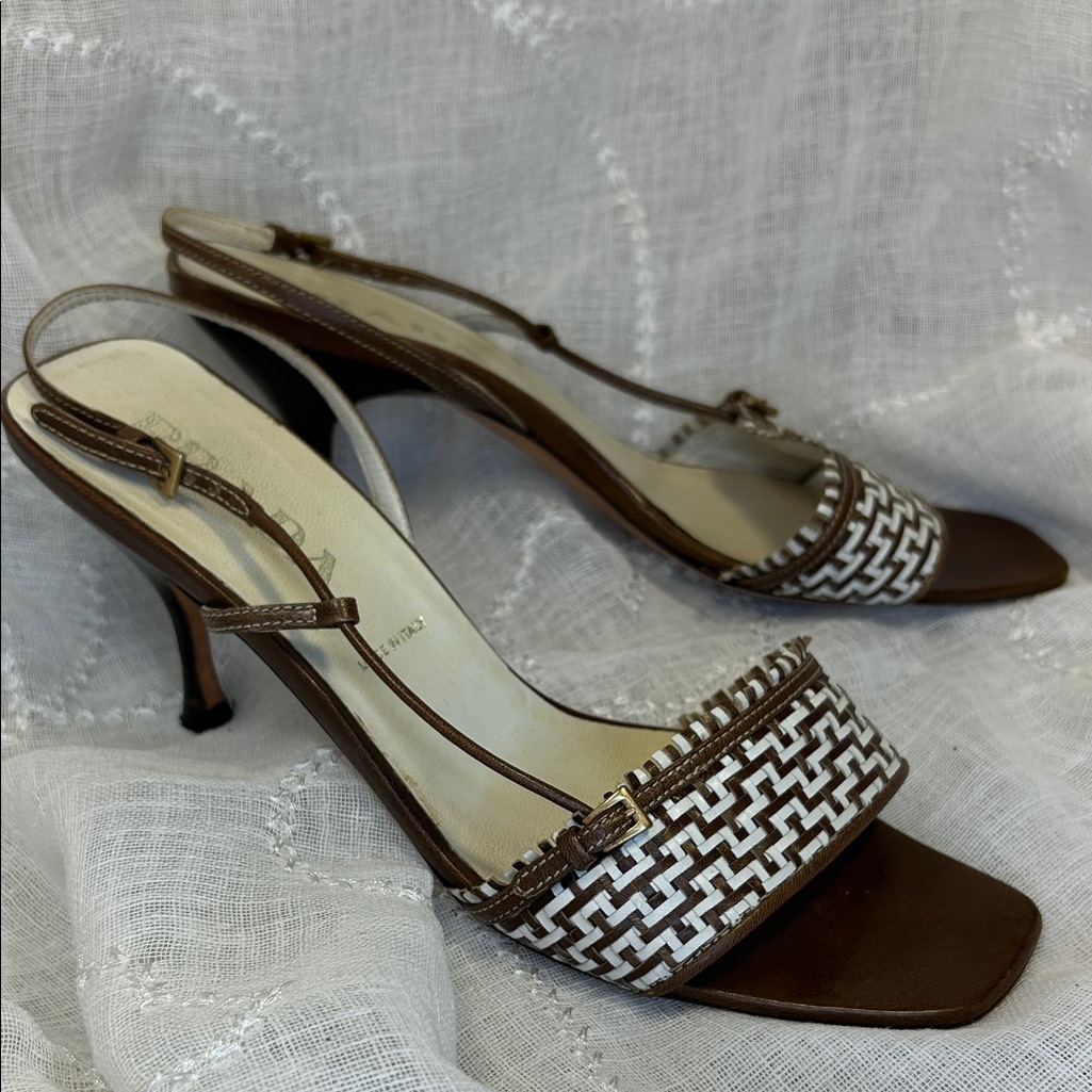 Prada Elegant Brown And White Women's Slingback Heels W/Box